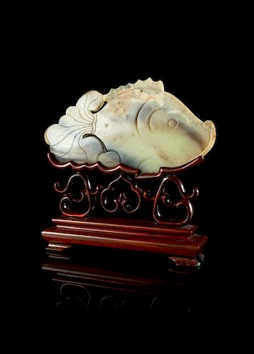 A Grey and Black Jade 
Fish
 Plaque
Width 7 1/8 in., 18 cm. 
