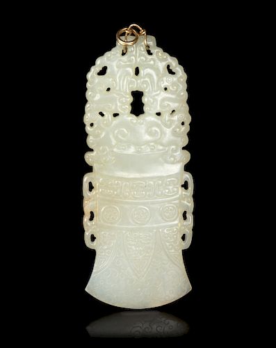 A White Jade Bell-Form Pendant
Width 3 1/8 in., 8 cm.