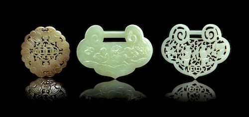 Three Jade Pendants
Largest: length 3 5/8 in., 9 cm. 