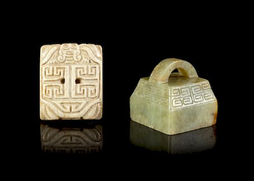 Two Large Jade Seals
Larger: length 2 3/8 in., 6 cm. 