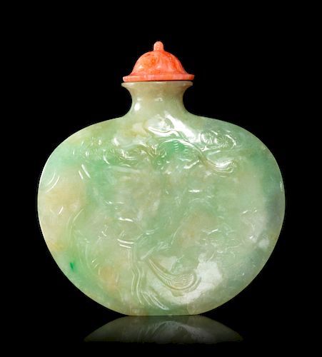 An Apple Green and Celadon Jadeite Snuff Bottle
Height 2 1/4 in., 6 cm. 