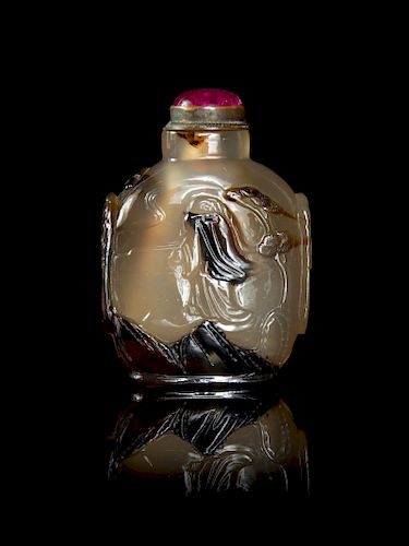 A Carved Silhouette Agate Snuff Bottle
Height 2 1/4 in., 6 cm.