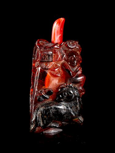 An Amber 'Horse and Monkey' Snuff Bottle
Height 2 1/4 in., 6 cm. 