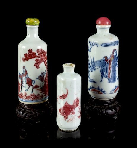 Three Porcelain Snuff Bottles
Largest: height 3 1/2 in., 9 cm. 
