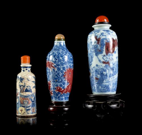 Three Underglazed Blue and Red Porcelain Snuff Bottles
Largest: height 3 1/4 in., 8 cm. 