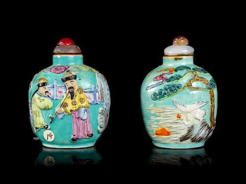 Two Enameled and Molded Porcelain Snuff Bottles
Each: height 2 3/8 in., 6 cm. 
