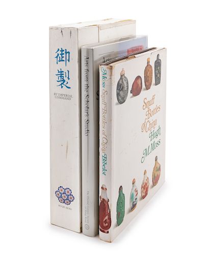 Three Reference Books pertaining to Chinese Works of Art and Snuff Bottles
Length 13 1/2 x height 1 1/4 x width 11 in., 34 x 3 x 28 cm.
