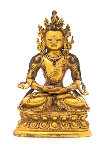 A Sino-Tibetan Gilt Bronze Figure of Amitayus
Height 6 3/4 in., 17 cm. 