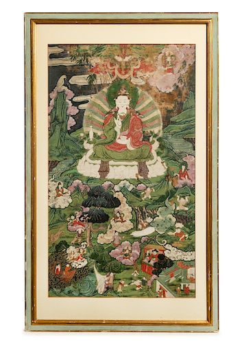 A Tibetan Thangka
Image: height 30 x width 17 1/4 in., 76 x 44 cm.