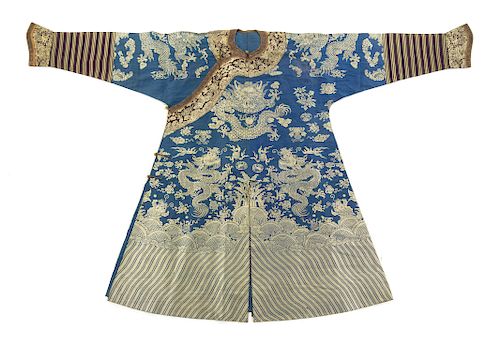 A Blue Ground Embroidered Silk Dragon Robe, Jifu
Collar to hem: 52 1/4 in., 133 cm.