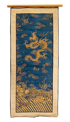 Three Embroidered Silk 'Dragon' Panels
Largest: height 36 1.2 in., 93 cm.