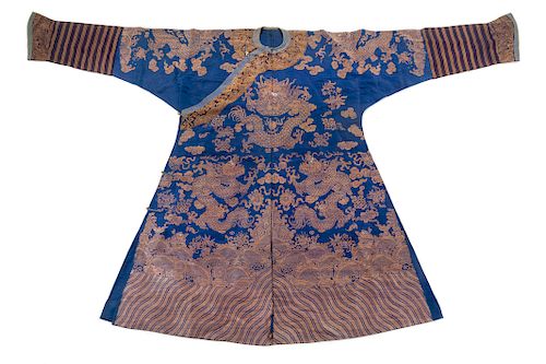 A Blue Ground Silk Dragon Robe
Collar to hem: 52 1/2 in., 133 cm.