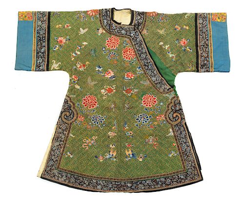 A Green Ground Embroidered Silk Lady
s Semi-Formal Robe
Collar to hem: 48 1/2 in., 123 cm. 