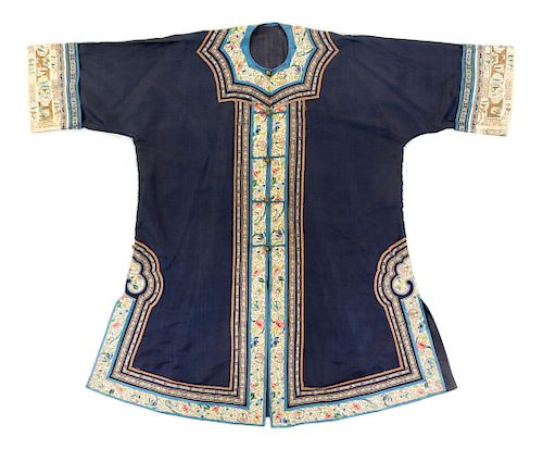 A Blue Ground Embroidered Silk Lady's Robe
Length 41 1/2 in., 105 cm.