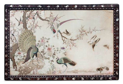 A Cantonese Embroidered Silk Wall Panel
Visible: 21 height x 32 1/2 width in., 53.3 x 82.5 cm.