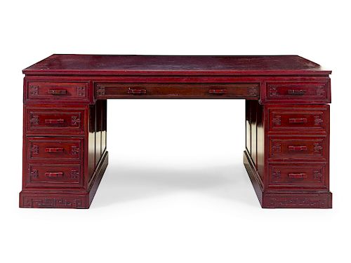 A Large Huanghuali Wood Scholar's Desk
Height 31 7/8 x length 73 x width 42 1/8 in., 81 x 19 x 107 cm.