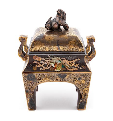 A Japanese Inlaid Mixed-Metal Incense Burner, Koro
Height 5 3/4 x length 5 1/2 x width 3 1/2 in., 14 x 15 x 9 cm.