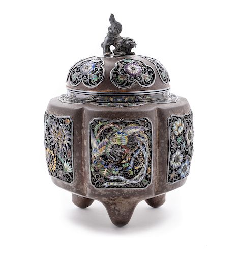 A Japanese Enamel and Bronze Reticulated Covered Incense Burner, Koro
Height 6 1/2 x diam 4 1/2 in., 17 x 11 cm.