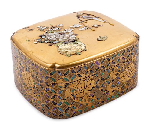 A Japanese Mother-of-Pearl Inlaid Gilt Lacquer Covered Box
 Length 4 3/4 in., 12 cm.