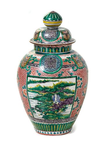 A Japanese Kutani Porcelain Baluster Covered Jar
Height 17 in., 43 cm.