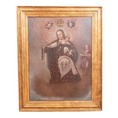 Anónimo. Virgen del Carmen. SXIX. Óleo sobre tela. Enmarcada en madera dorada. Dimensiones: 109 x 81 cm.