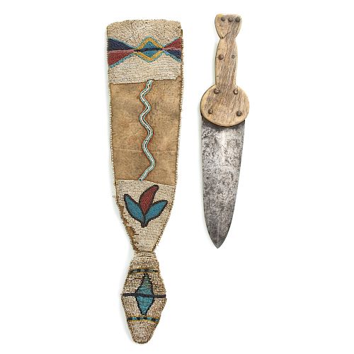 Blackfeet Beaded Hide Knife Sheath with I & H Sorby Dag Knife, From the James B. Scoville Collection