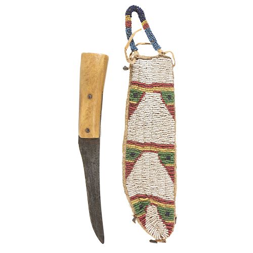 Sioux Beaded Hide Knife Sheath with W. Greaves and Sons Knife, From the James B. Scoville Collection