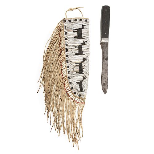 An Early Plains Pictorial Beaded Knife Sheath with Knife, From the James B. Scoville Collection