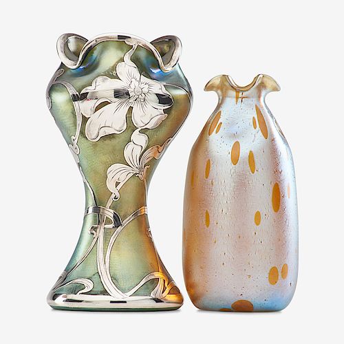 LOETZ Two vases, one w/ silver overlay