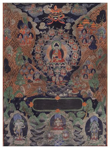 A Large Tibetan Thangka
Height 35 1/4 x width 25 1/2 in., 89 x 65 cm.