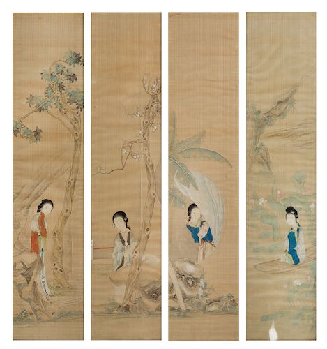 A Set of Four Ink and Color on Silk Paintings
 
Each: height 8 x width 34 1/2 in., 20 x 88 cm. 