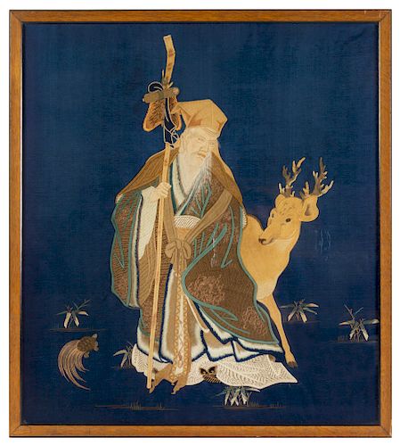 A Large Embroidered Blue Ground 'Figure' Silk Panel
53 1/2 height x 44 1/2 width in., 136 x 113 cm.