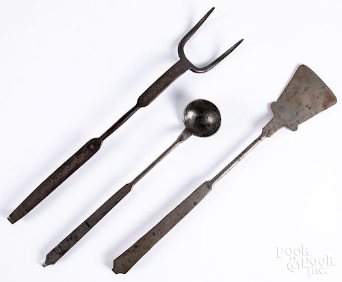 Wrought iron flesh fork, ladle and spatula