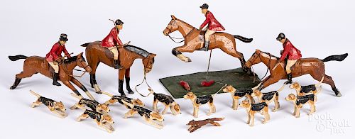 Carved and painted fox hunt grouping
