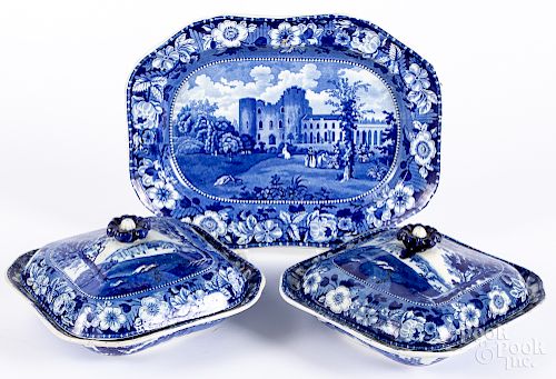 Pair of blue Staffordshire covered dishes, etc.