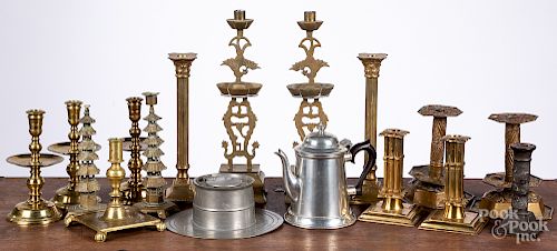 Collection of brass candlesticks, etc.