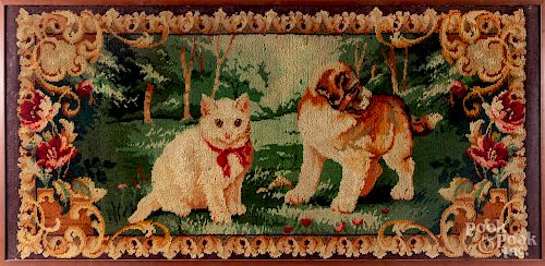 Needlework panel of a cat and dog