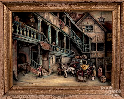 Carved and painted shadowbox street scene
