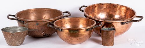 Three copper chocolate kettles, etc.
