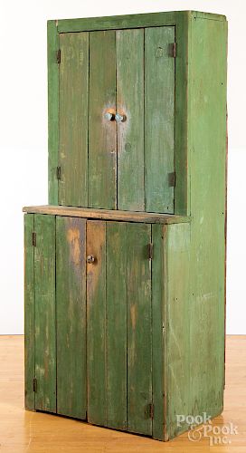 Green painted stepback cupboard