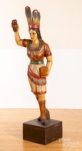 Carved and painted cigar store Indian Maiden