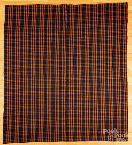 Orange and blue wool coverlet