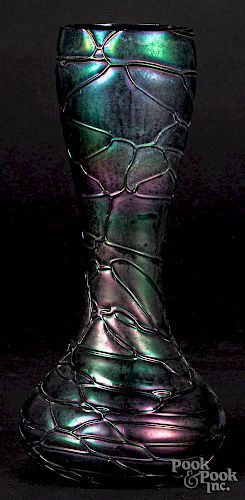 Threaded iridescent art glass vase
