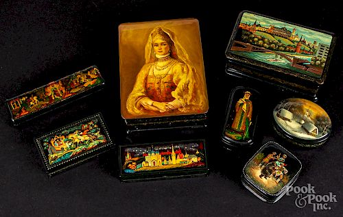Collection of eight Russian enameled boxes