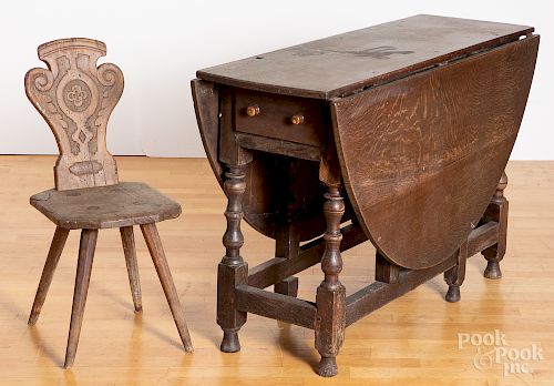 William and Mary oak drop-leaf table, etc.