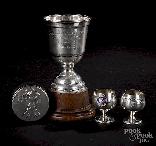 Sterling silver golf trophy, etc.