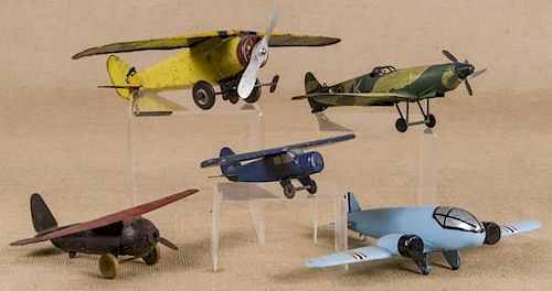 Five tin and wood airplanes, to include an Englis