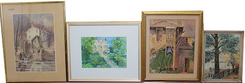(4) Framed American School Watercolors of Houses