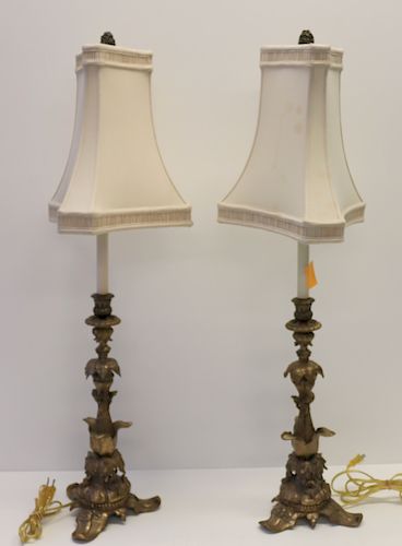 Pair Of Antique Gilt Metal Table Lamps