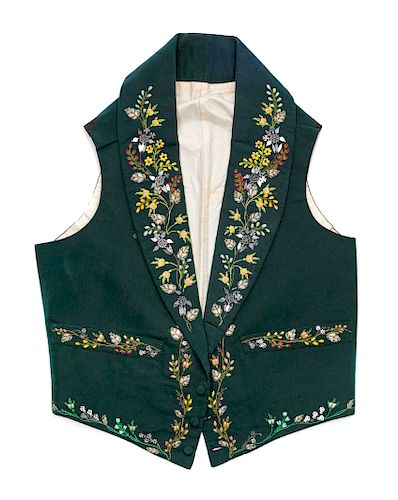 Men's Embroidered Green Ribbed Silk Waistcoat, 1830s